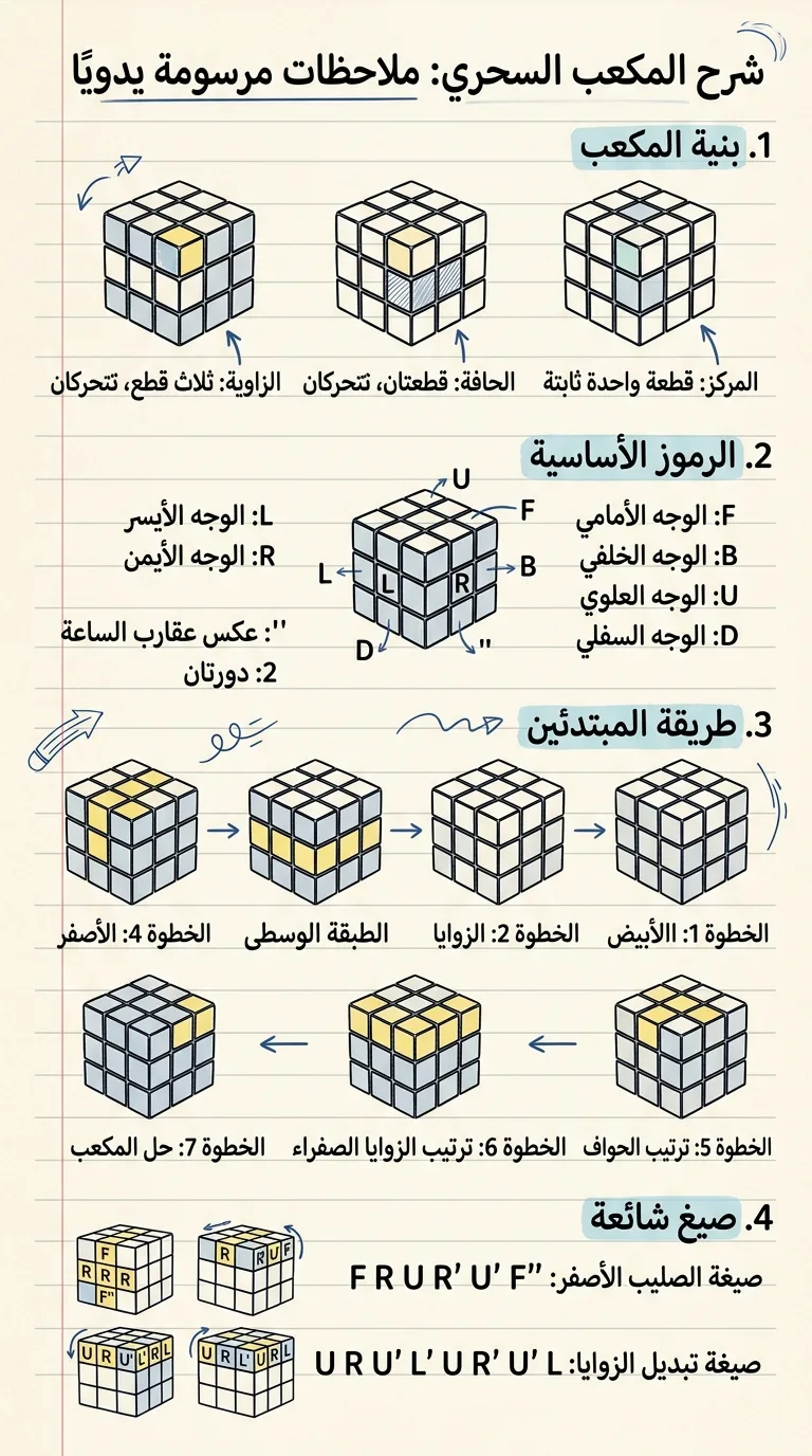 ملاحظات مرسومة يدويًا لشرح المكعب السحري