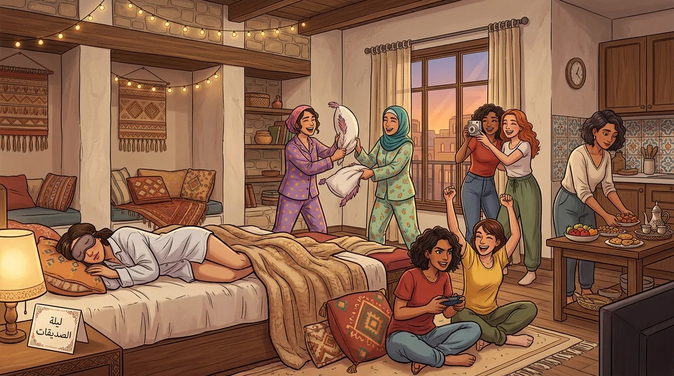 حفلة منزلية لثماني صديقات بالغات بأسلوب رسوم أصلية
