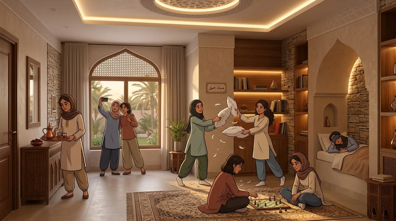 شخصيات مرسومة داخل غرفة واقعية لحفلة صديقات