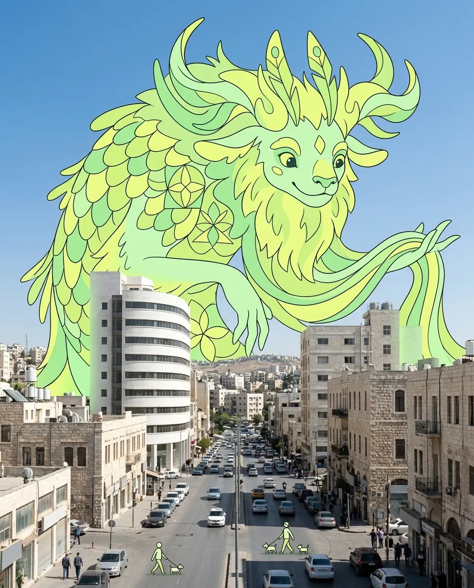 مخلوق خيالي لطيف عملاق يطل على مدينة عمّان