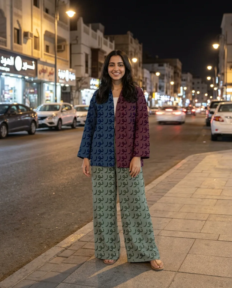ملابس مكوّنة من حروف عربية داخل صورة شارع