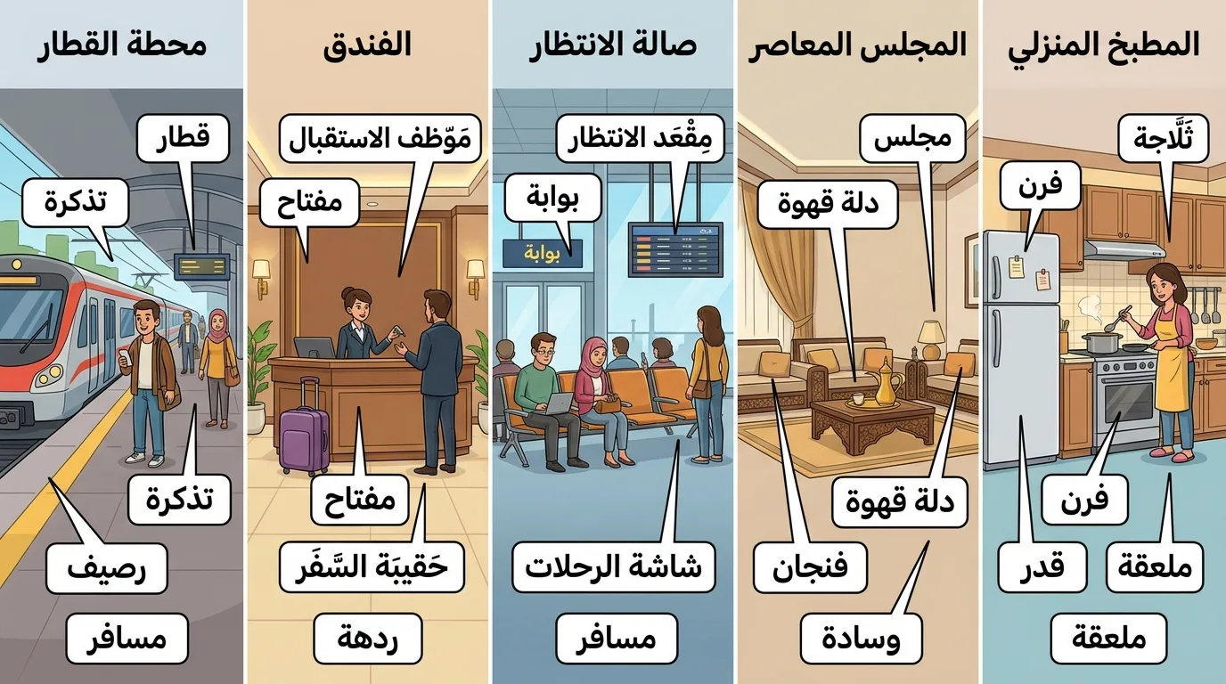 بطاقات تعليم مفردات عربية داخل مشاهد يومية