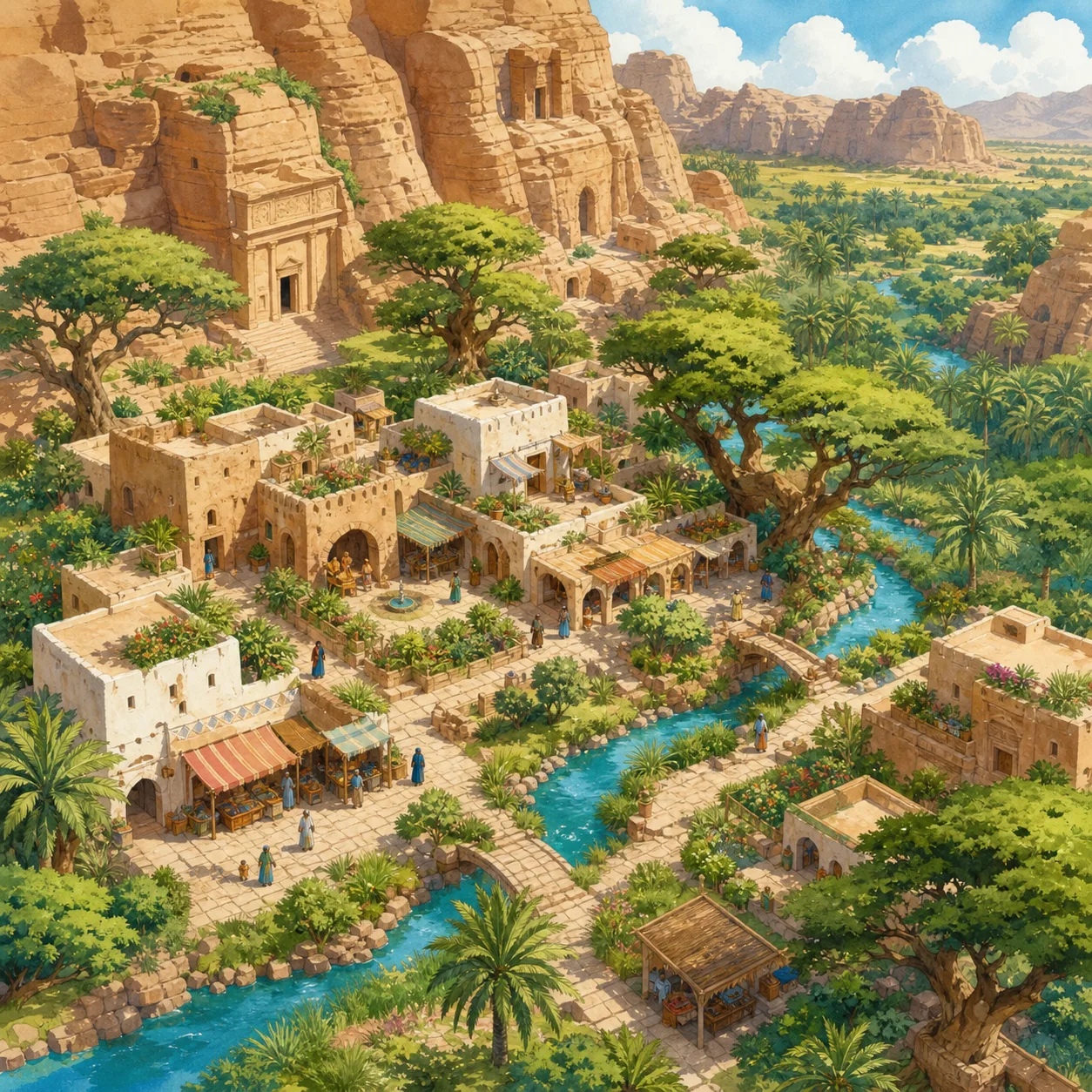 قرية واحة عربية مصغرة بأسلوب غواش مائي خيالي