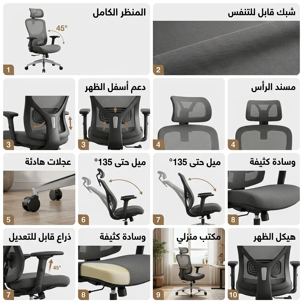 لوحة مزايا كرسي مكتبي شبكي مريح