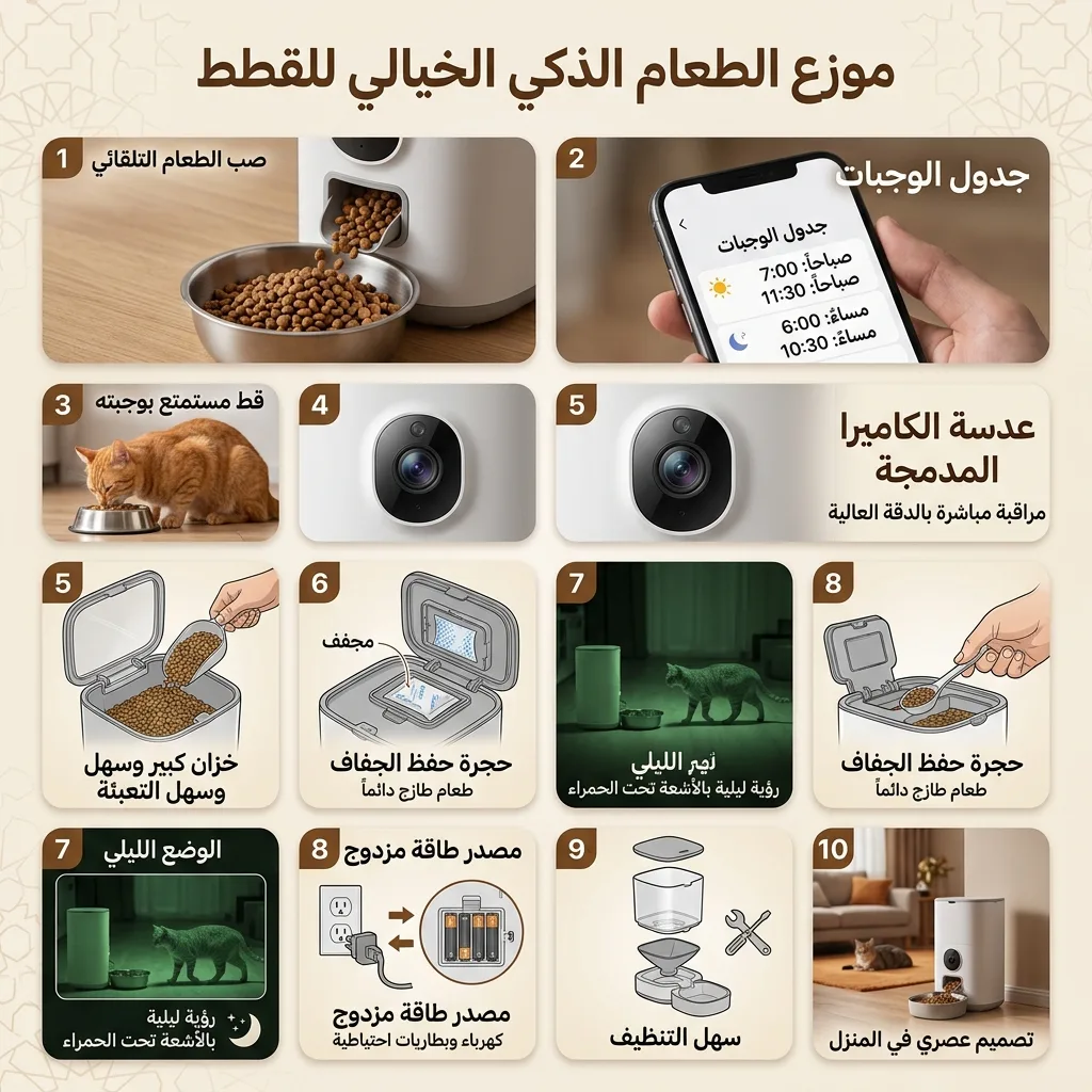 لوحة من عشر مزايا لموزع طعام ذكي للقطط