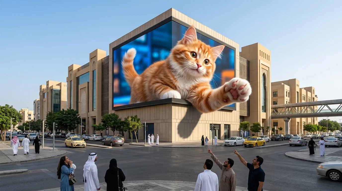 قط عملاق يخرج بصرياً من شاشة ثلاثية الأبعاد