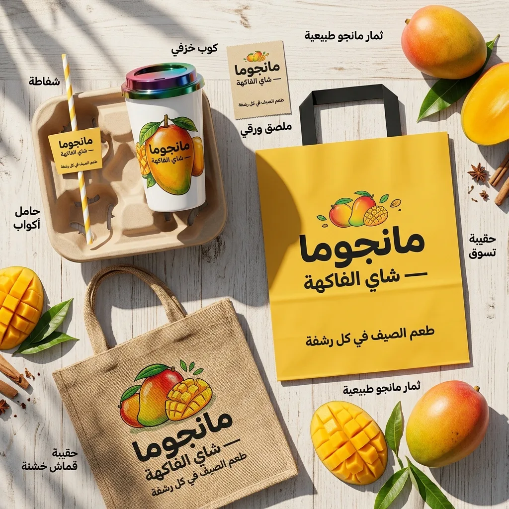 تصوير مسطح لهوية شاي مانجو بملامس متعددة
