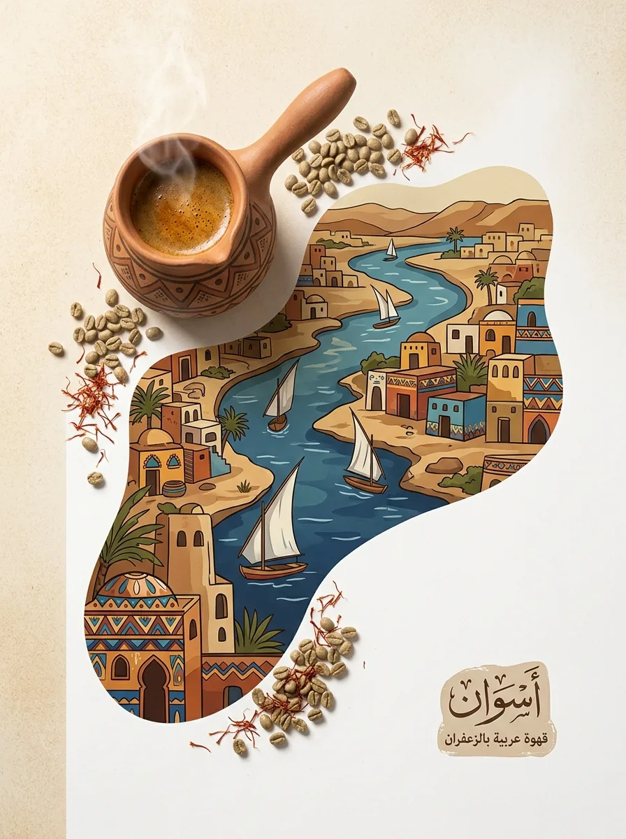 تكوين توضيحي لمشروب إقليمي بأسلوب رسم تراثي مع ملصق ثقافي