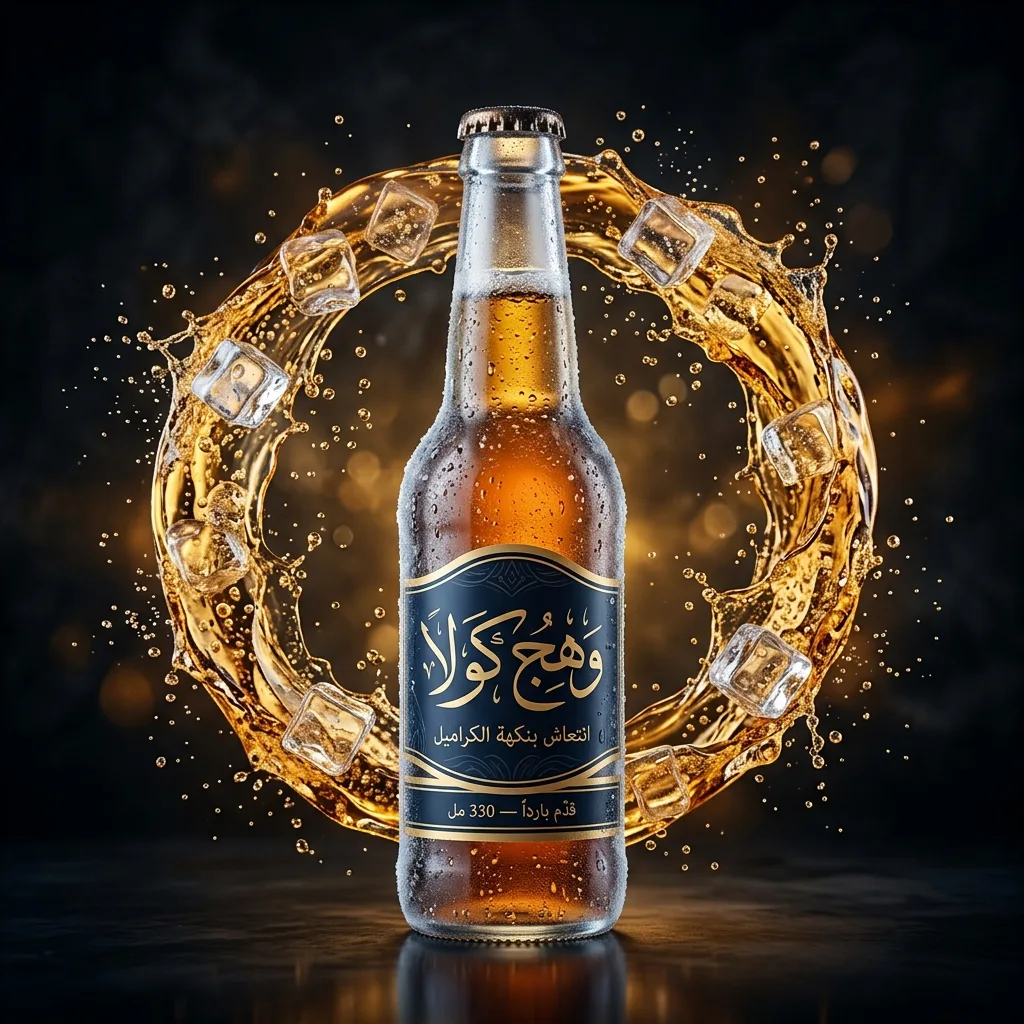 تصوير تجاري لمشروب غازي خيالي مع رذاذ وثلج