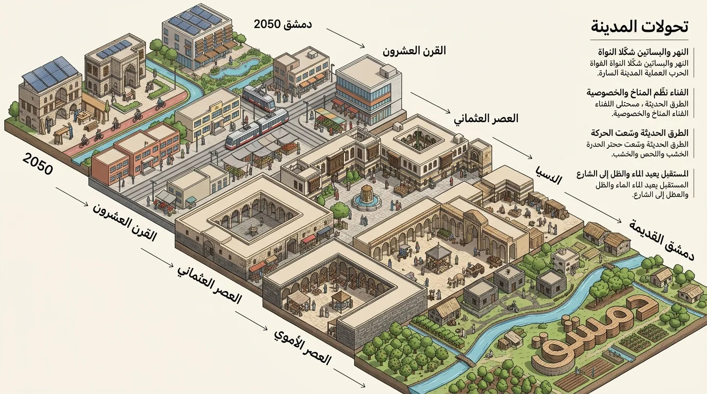 خط زمني إيزومتري لتطور دمشق من القديم إلى المستقبل