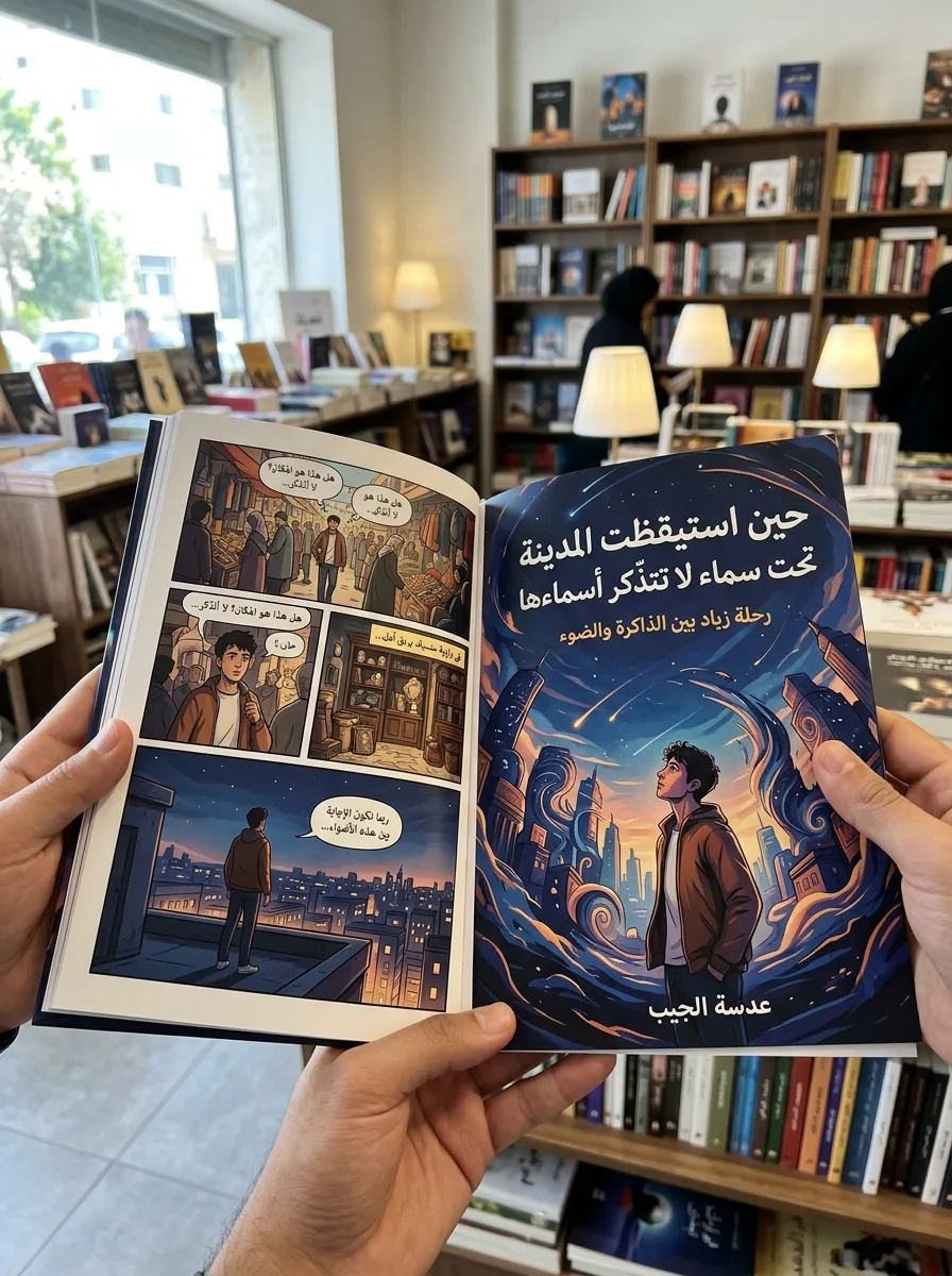 غلاف رواية مصورة عربية داخل مكتبة