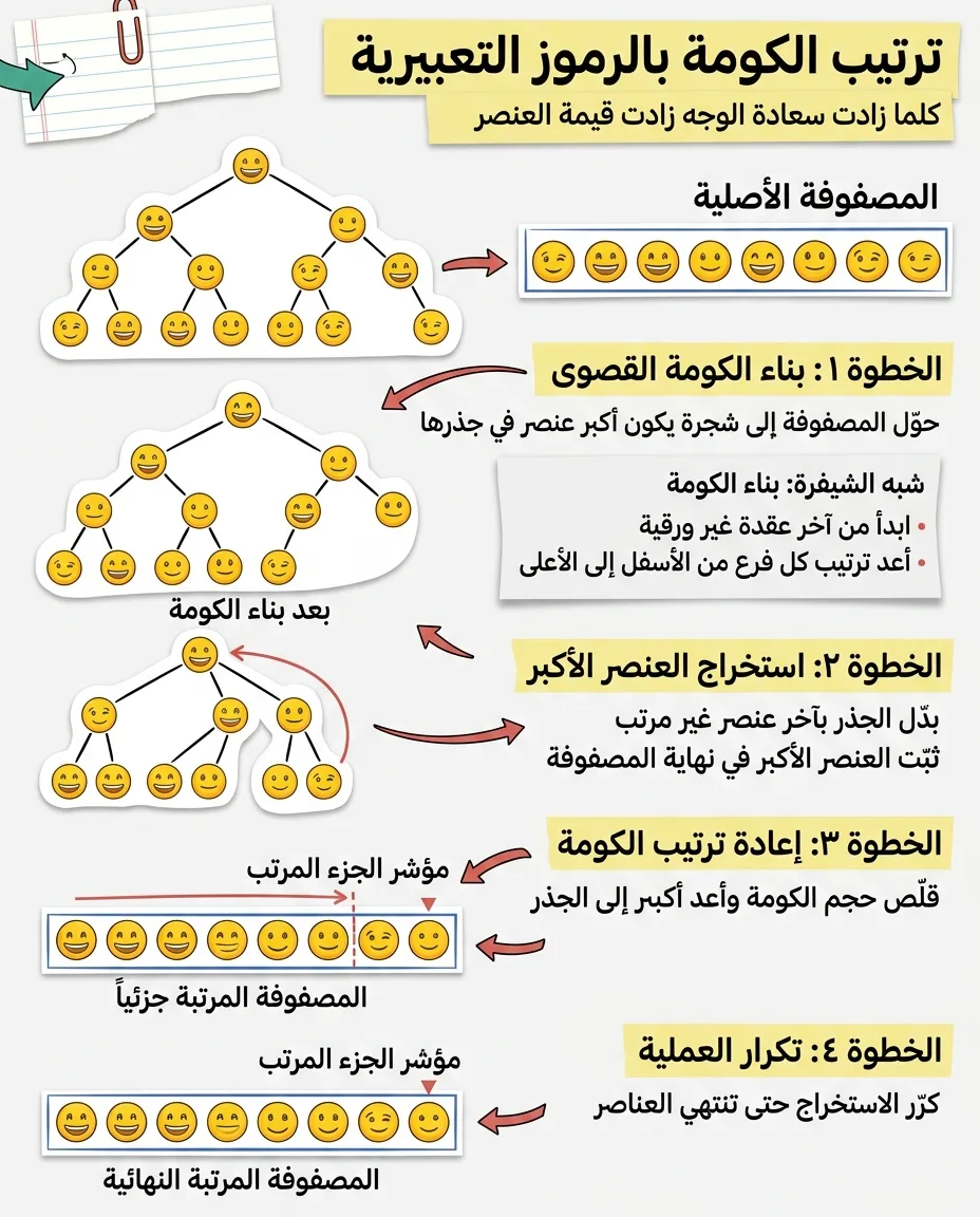 تصور تعليمي لخوارزمية ترتيب الكومة بالرموز التعبيرية