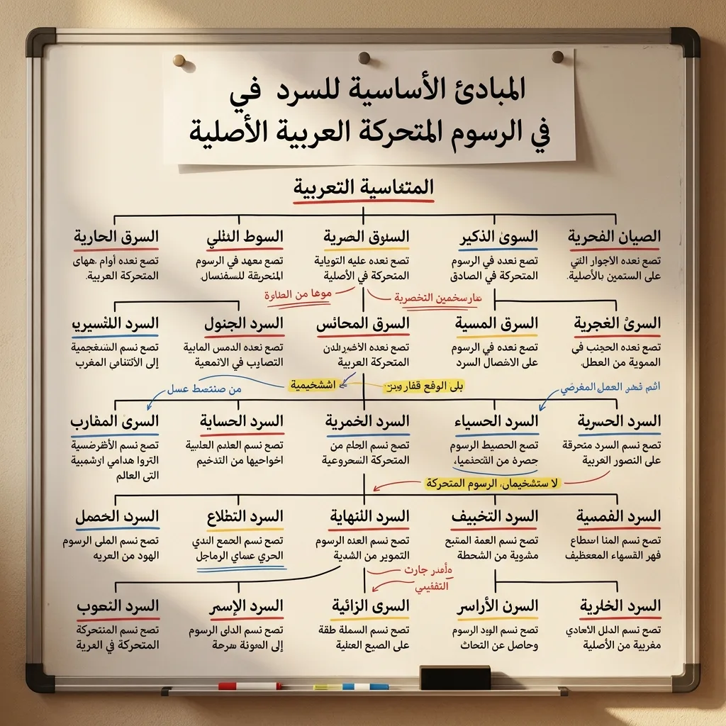 سبورة عناصر السرد في الرسوم المتحركة العربية الأصلية: أكثر من 50 نمطاً وقاعدة قصصية كلاسيكية