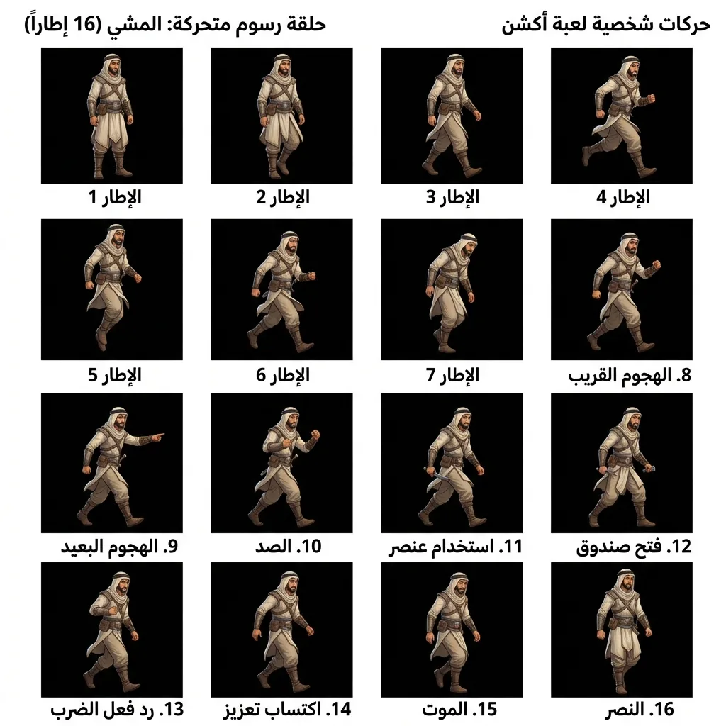 حركات شخصية لعبة أكشن: رسوم متحركة حلقية من 16 إطاراً لـ 16 حركة أساسية