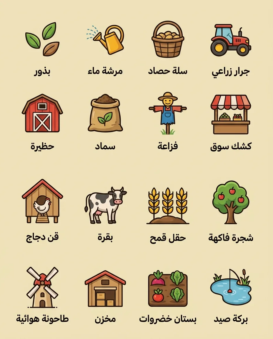أيقونات واجهة مستخدم للعبة مزرعة الأحساء الخيالية: 16 أيقونة عربية بتصميم بصري متناسق وتسميات واضحة