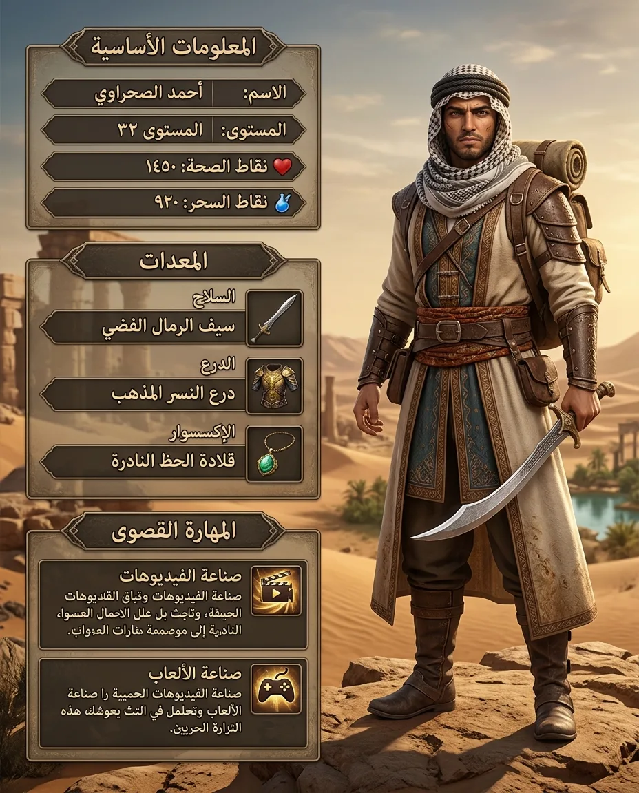لوحة حالة شخصية مغامر صحراوي ثلاثية الأبعاد مع واجهة مستخدم شفافة