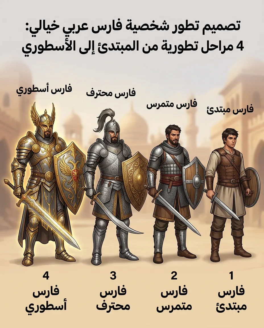 تصميم تطور شخصية فارس عربي خيالي: 4 مراحل تطورية من المبتدئ إلى الأسطوري