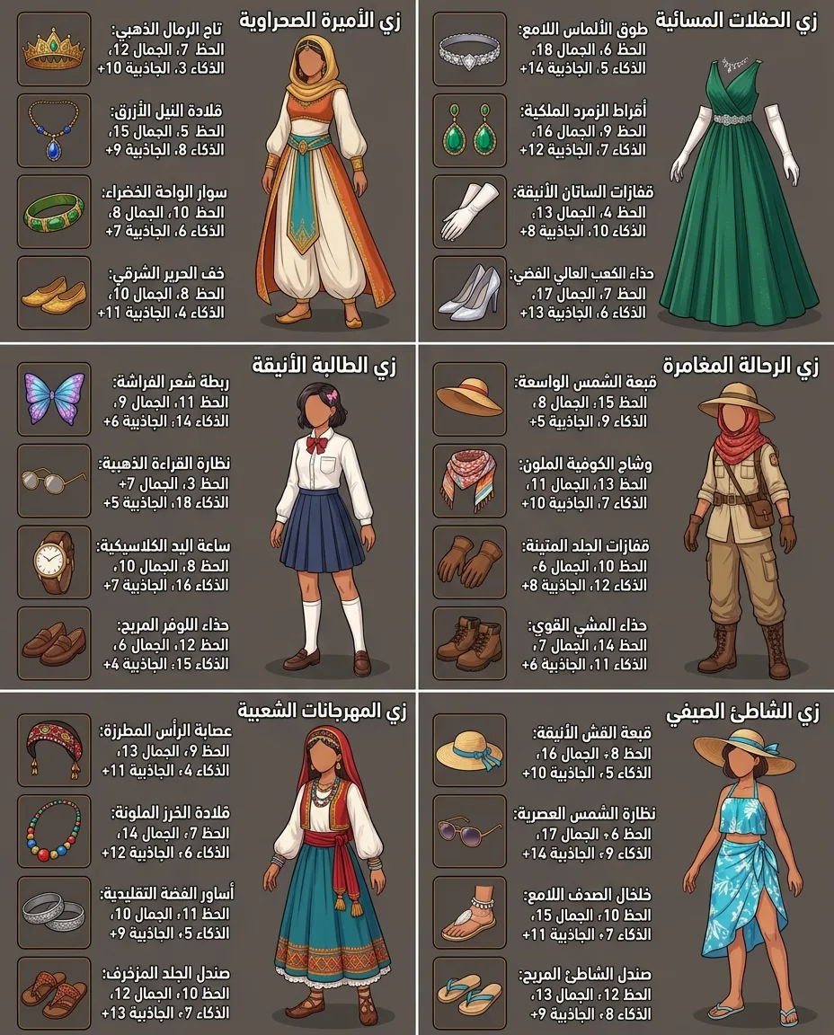 إكسسوارات لعبة سرد اجتماعي خيالية: 6 أزياء محتشمة مع 4 إكسسوارات لكل زي