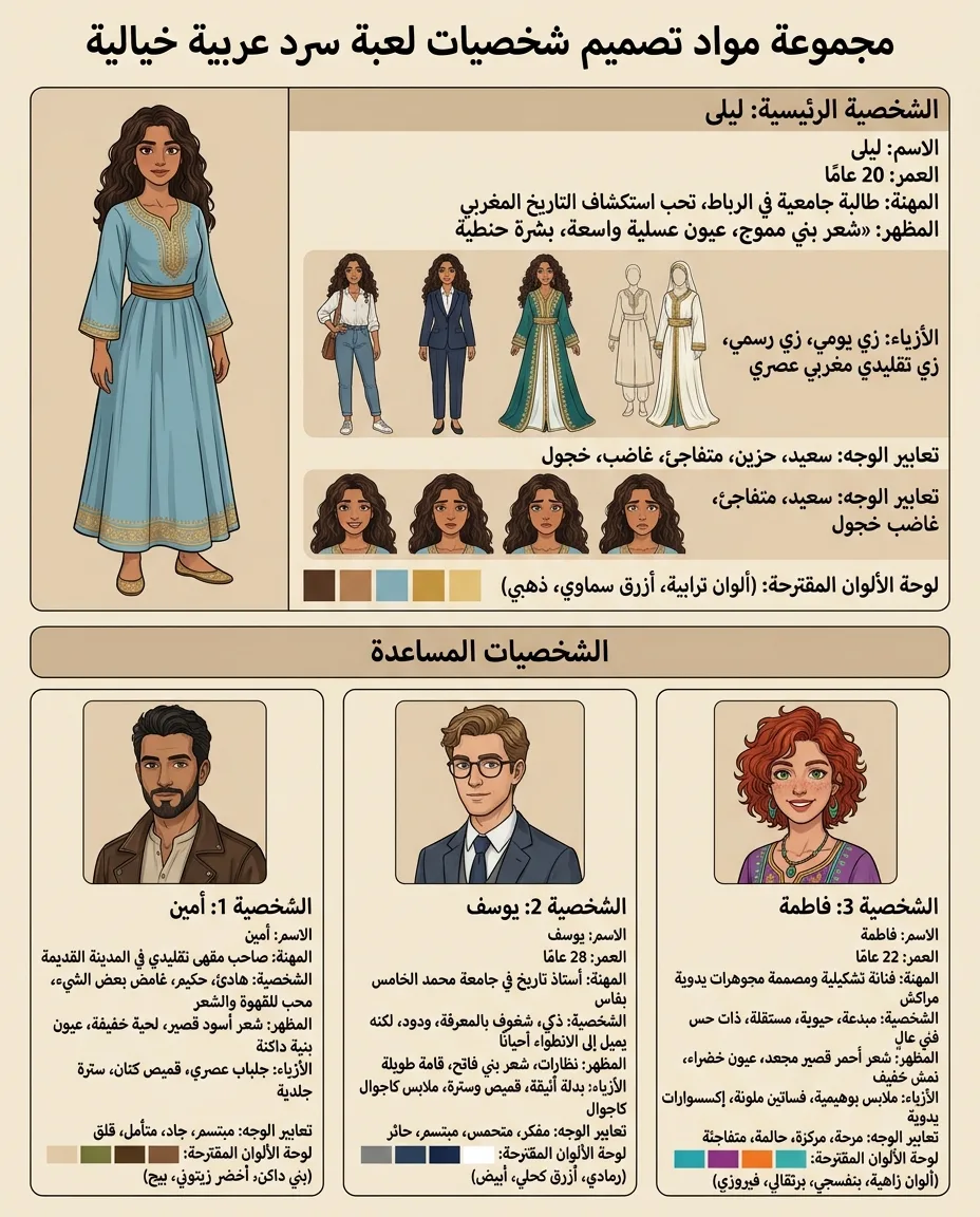 مجموعة مواد تصميم شخصيات لعبة سرد عربية خيالية: البطلة والشخصيات المساعدة