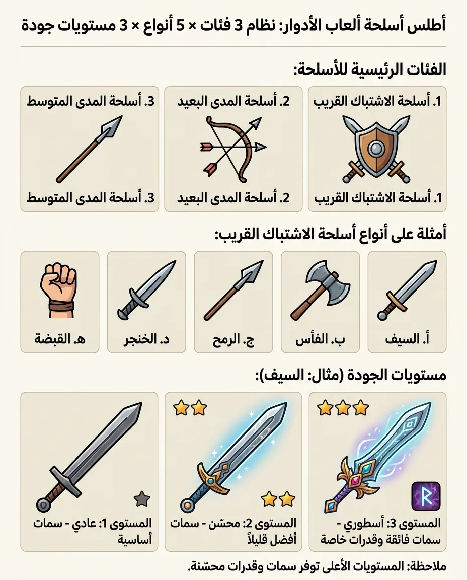أطلس أسلحة ألعاب الأدوار: نظام 3 فئات × 5 أنواع × 3 مستويات جودة
