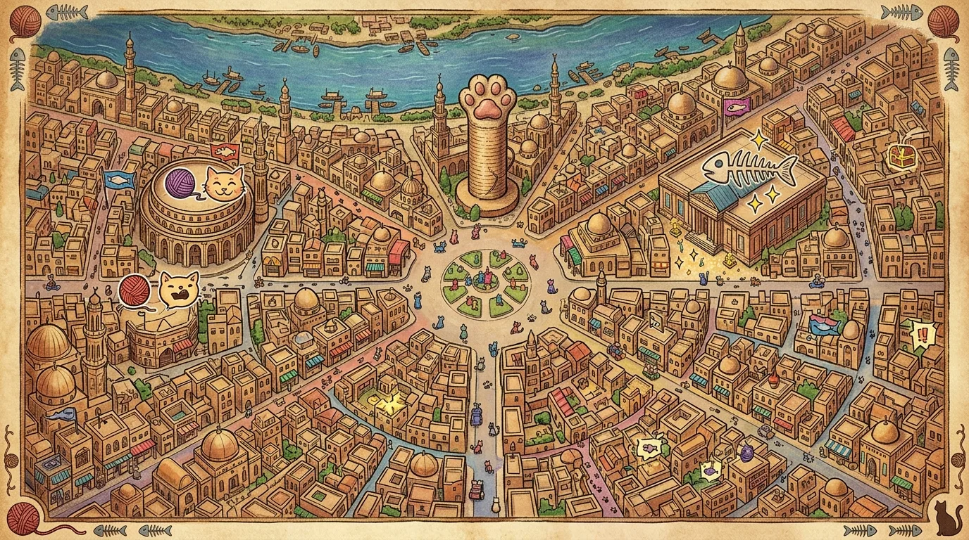 خريطة RPG كرتونية للقاهرة المحتلة من قبل القطط مع لغة القطط