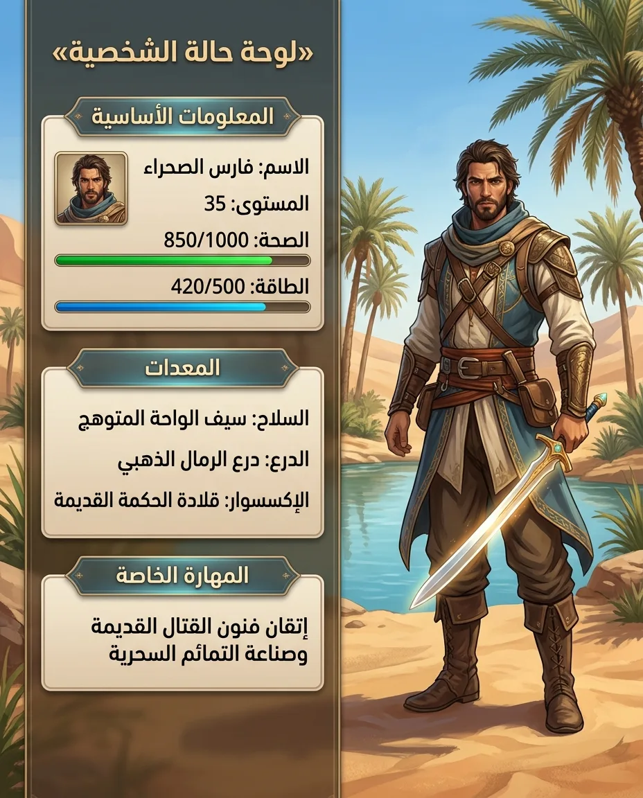 لوحة حالة شخصية مستكشف واحة في لعبة تقمص أدوار مع واجهة مستخدم شفافة