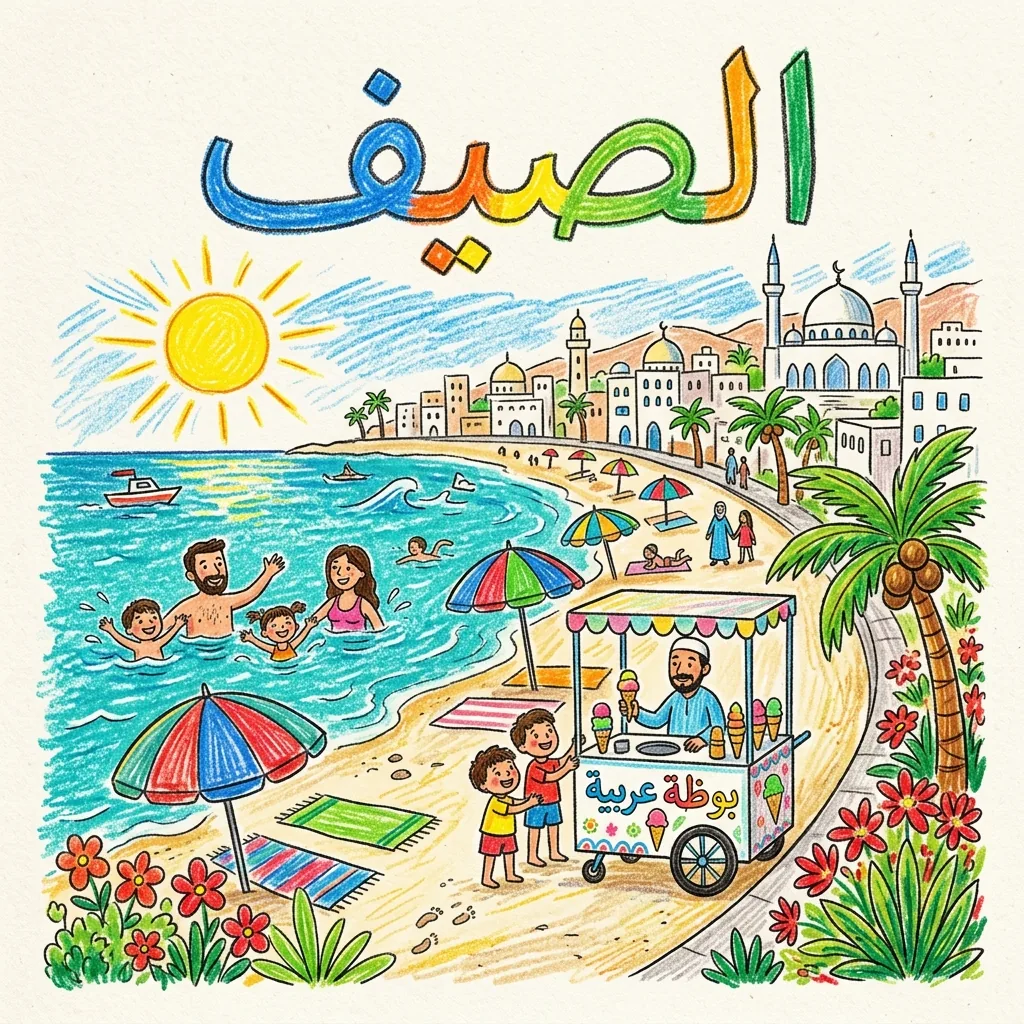 رسم شمعي ملون لمشهد صيفي مبهج بأسلوب طفولي مرح