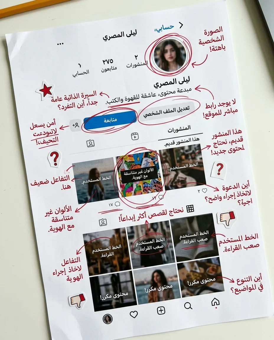 تحليل نقدي لملف شخصي على وسائل التواصل الاجتماعي: لقطة شاشة مطبوعة مع ملاحظات وتصحيحات يدوية