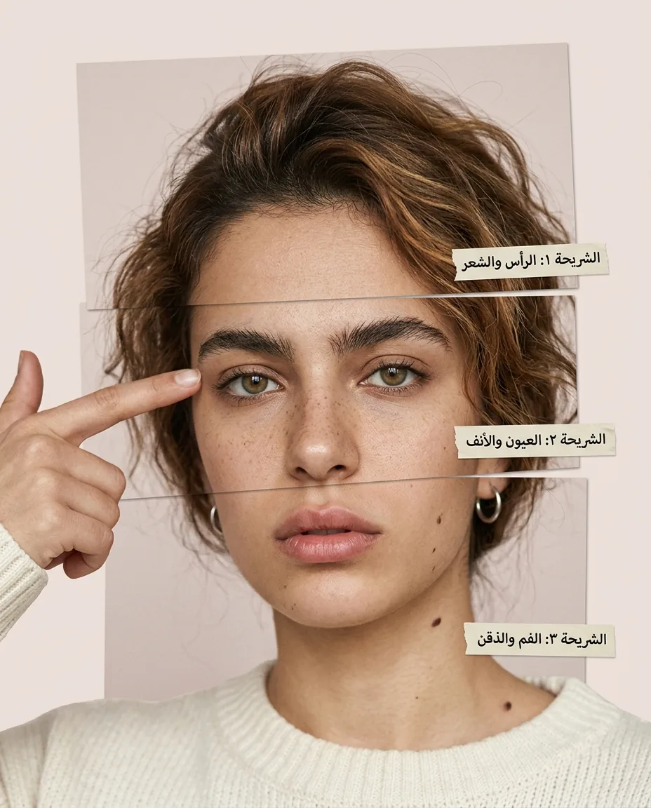 لوحة سريالية كولاج: وجه امرأة عربي مُقسّم أفقياً إلى ثلاث شرائح