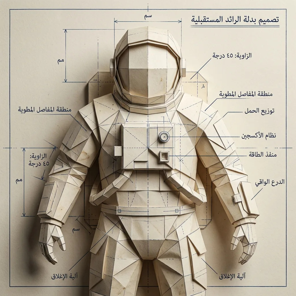 مخطط تصميمي فائق التفصيل لبدلة 'الرائد' المستقبلية: تصميم فني مطوي من الورق