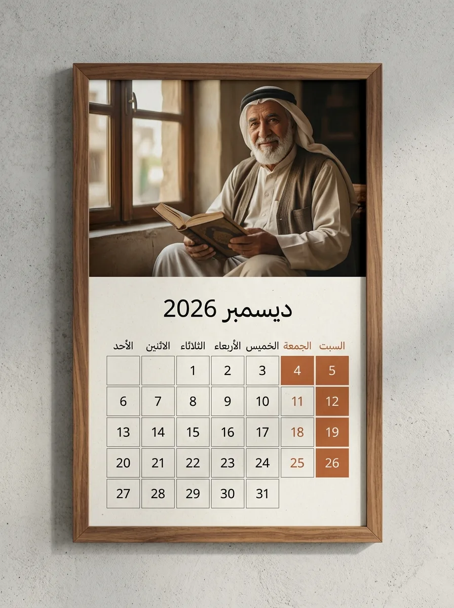 تقويم جداري عربي فاخر لشهر ديسمبر 2026