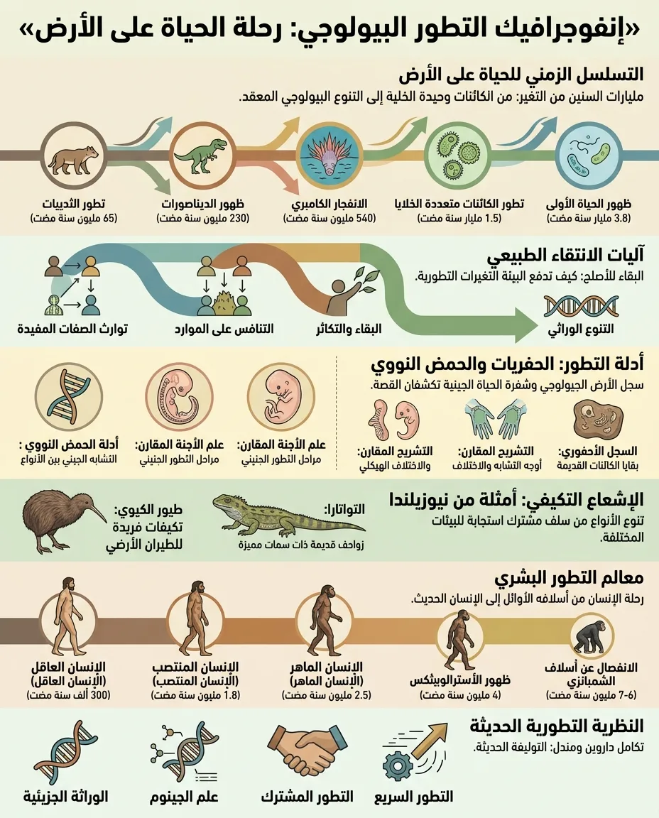 إنفوجرافيك مرئي للتطور البيولوجي: التسلسل الزمني، الانتقاء الطبيعي، وأدلة الحمض النووي