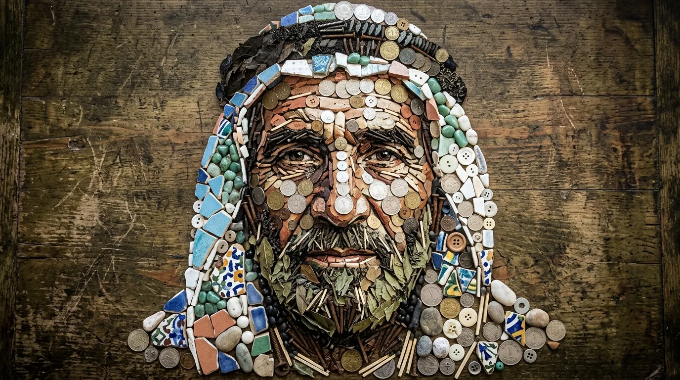 بورتريه مخفي للوجه من أشياء مبعثرة: أزرار، عملات معدنية، وعناصر طبيعية