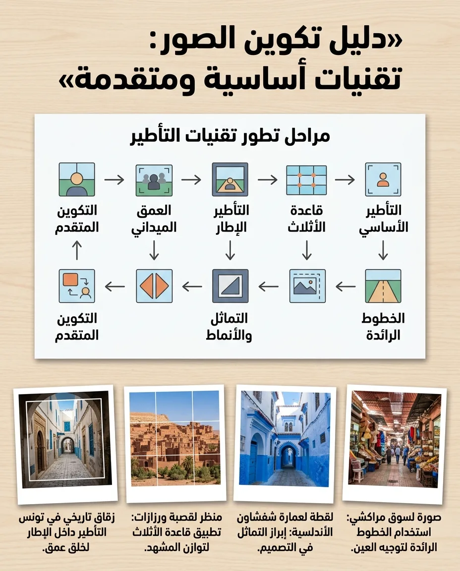 إنفوجرافيك تعليمي حول تكوين الصور بجمالية تصميم معاصرة ونظيفة
