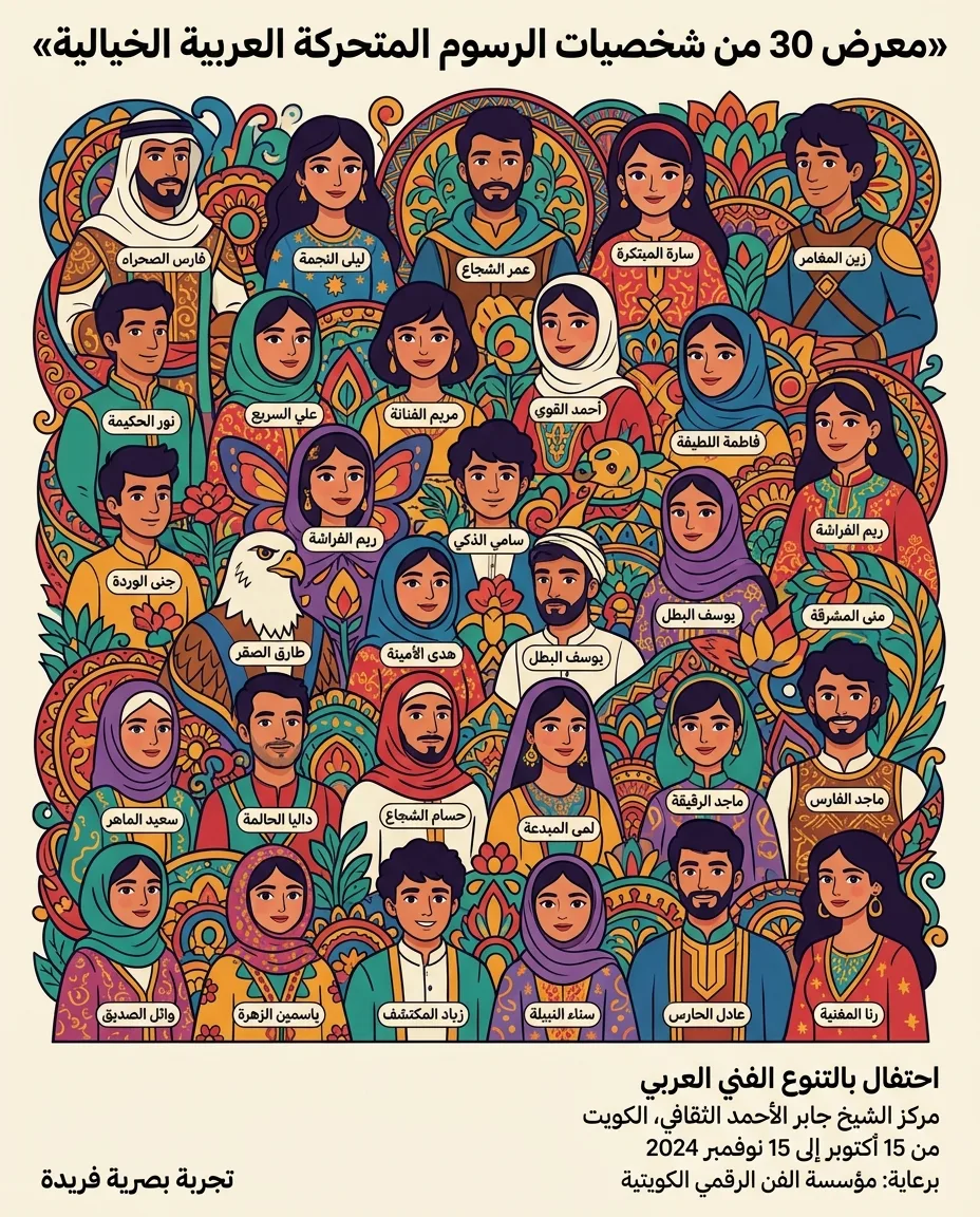معرض 30 من شخصيات الرسوم المتحركة العربية الخيالية: عرض تصميم ملصق مسطح بجمالية التكثيف الأقصى
