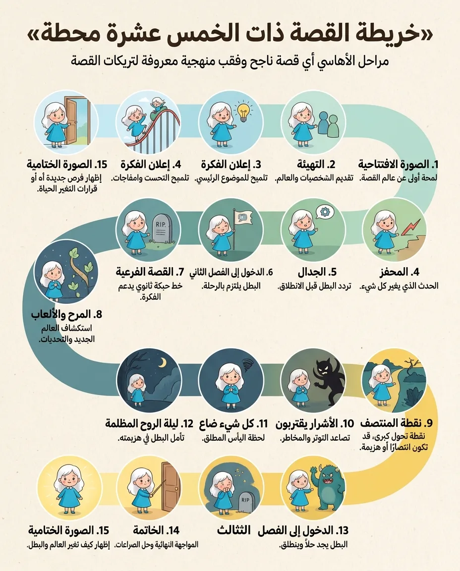 خريطة القصة ذات الخمس عشرة محطة: إنفوجرافيك تعليمي بأسلوب الرسوم المصغرة العربية لهيكل القصة