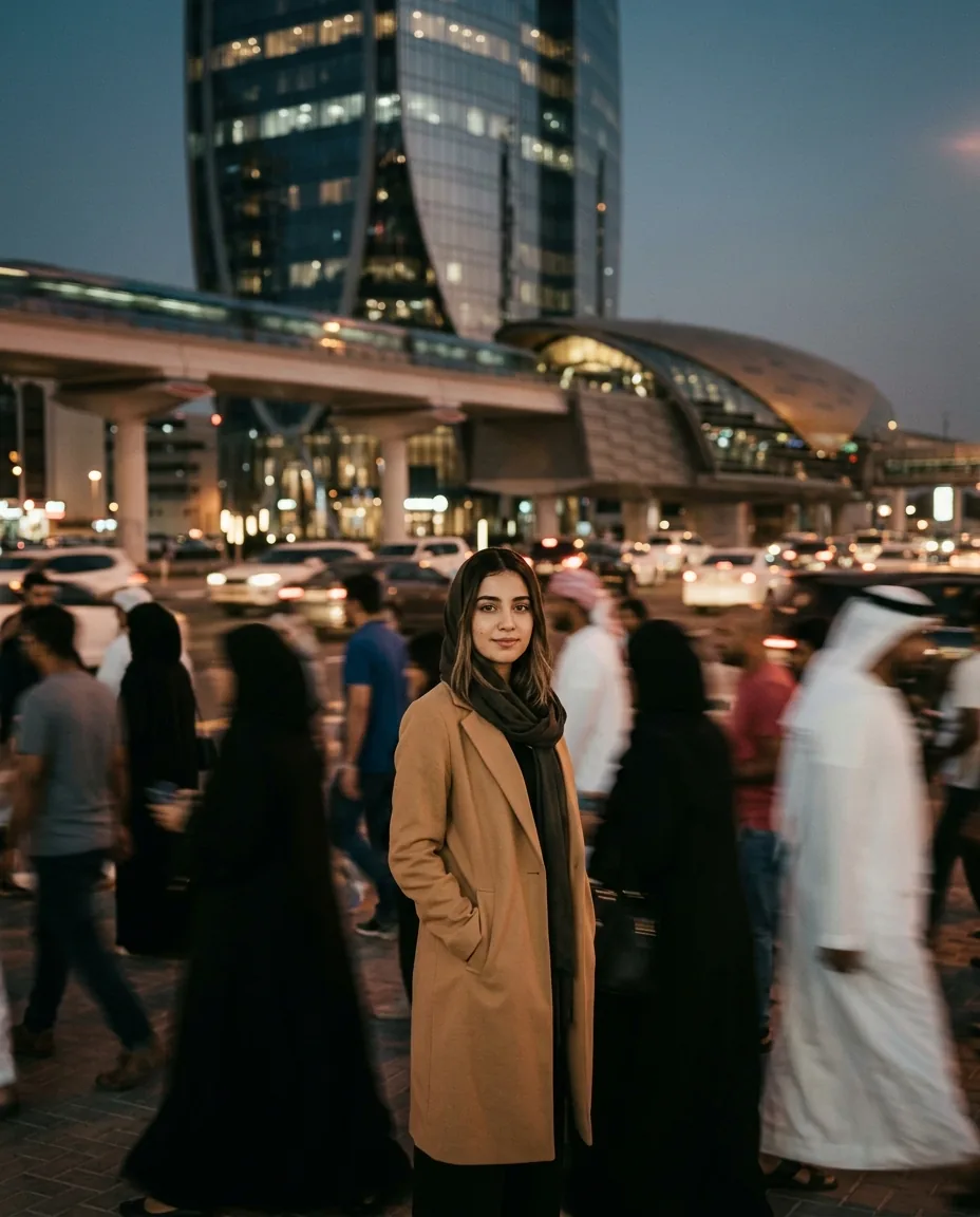 بورتريه سينمائي هادئ في زحام مديني متحرك