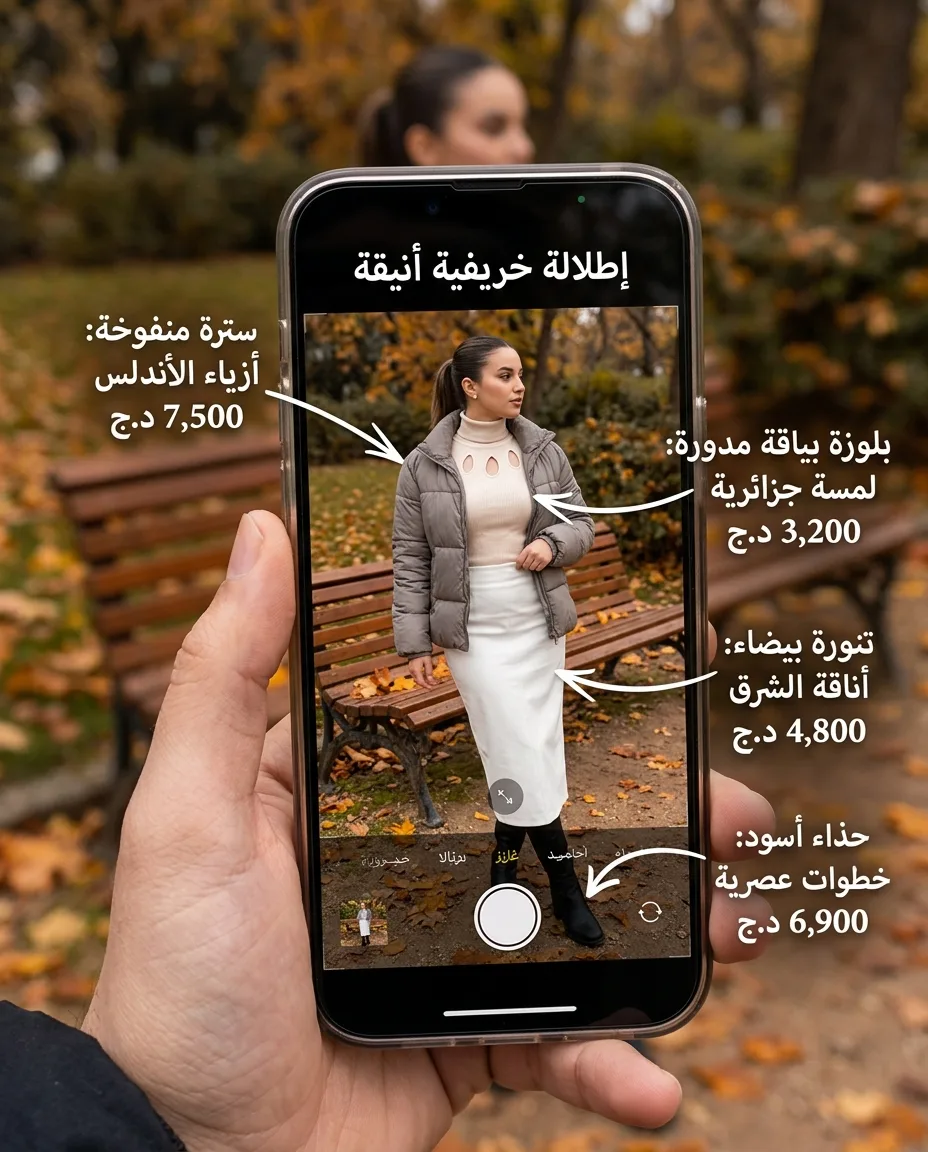توضيح صورة زي أزياء: شاشة هاتف بمنظور الشخص الأول مع تسميات العلامة التجارية والسعر