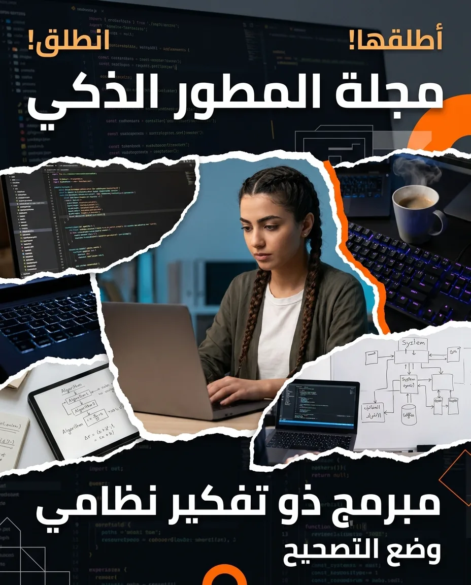 ملصق مجمّع لمجلة المطور: أطلقها! مبرمج ذو تفكير نظامي مع طباعة الشيفرة