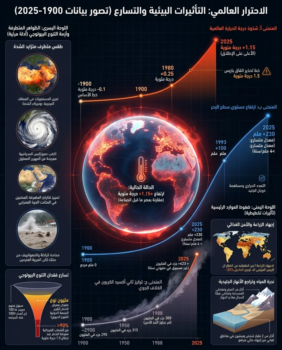 الاحترار العالمي: التأثيرات البيئية والتسارع (تصور بيانات 1900-2025)