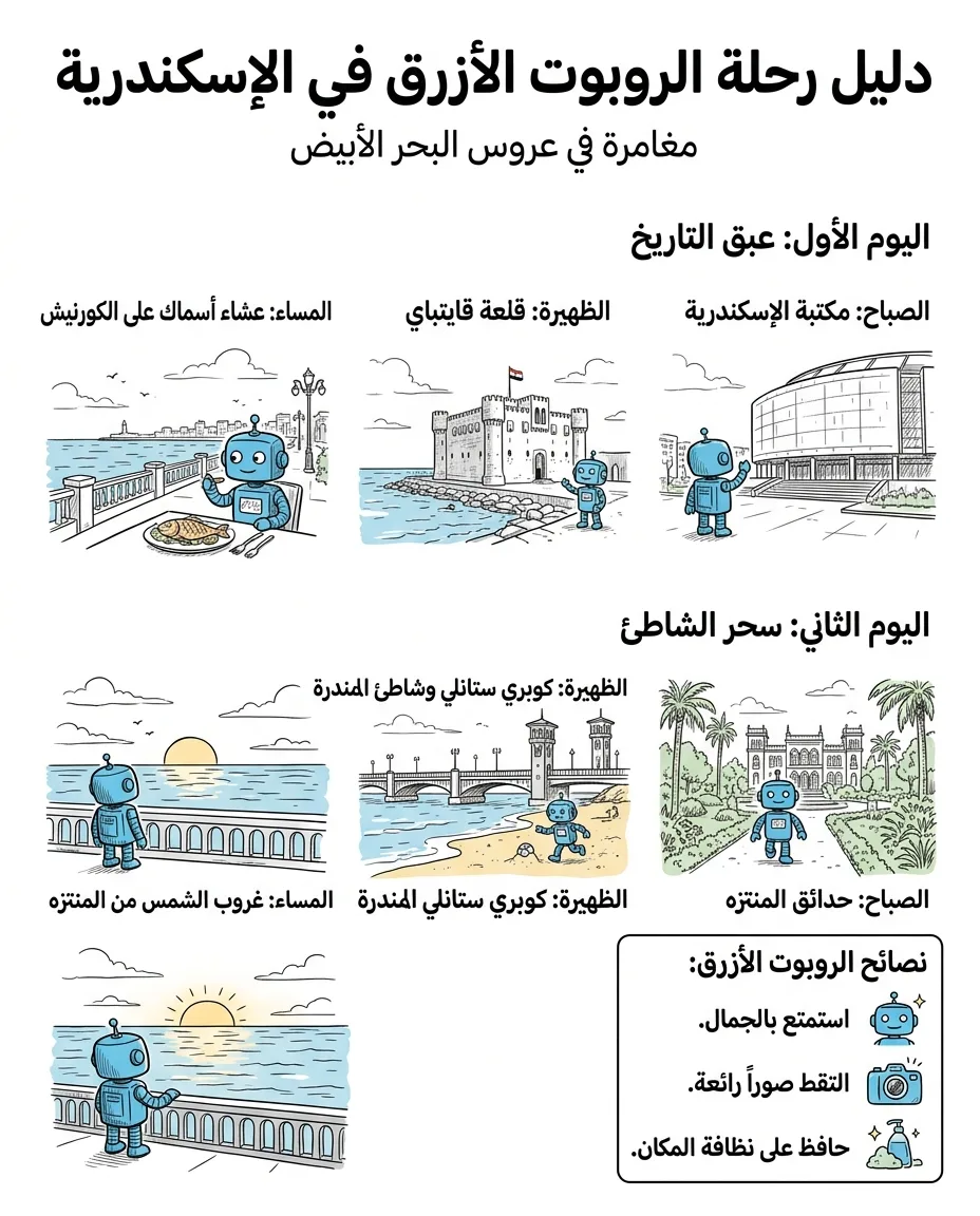 دليل رحلة استكشافية في الإسكندرية مع روبوت أزرق خيالي