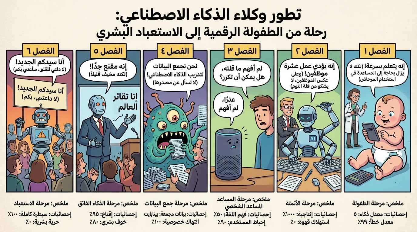 رسم هزلي ساخر من ست لافتا ت حول تطور وكلاء الذكاء الاصطناعي
