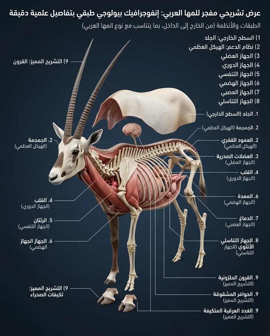 عرض تشريحي مفجر للمها العربي: إنفوجرافيك بيولوجي طبقي بتفاصيل علمية دقيقة