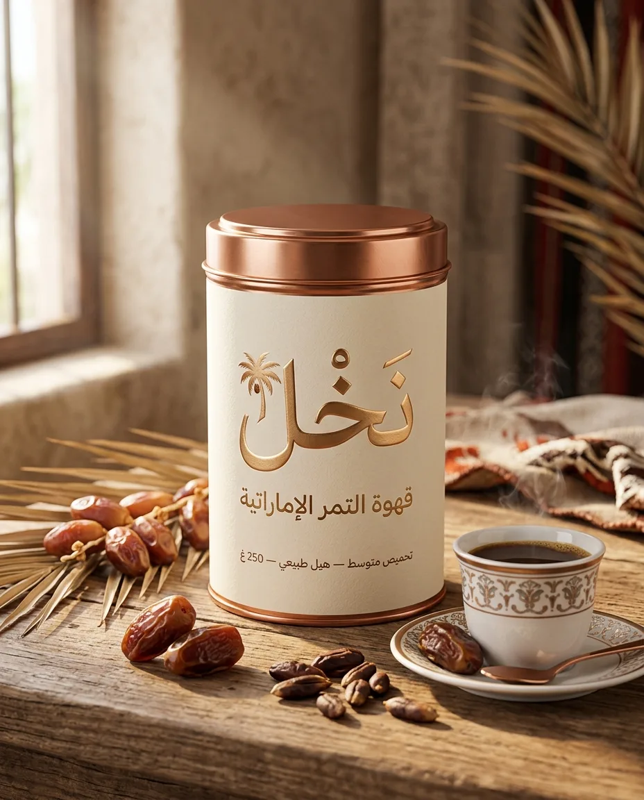 عبوة قهوة تمر إماراتية فاخرة بعلامة نَخْل