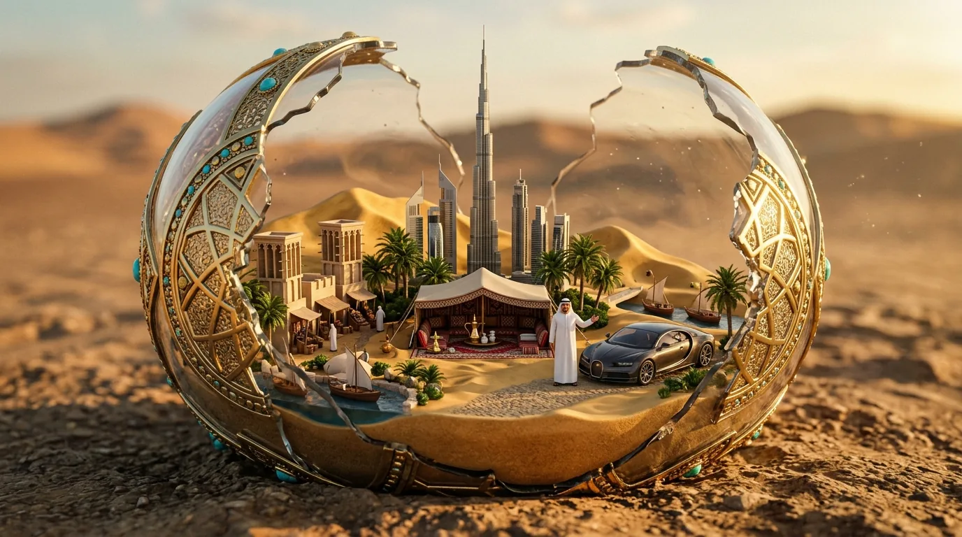 مجسم بانورامي مصغر لمدينة دبي داخل كرة رملية صحراوية مع مجسم إماراتي