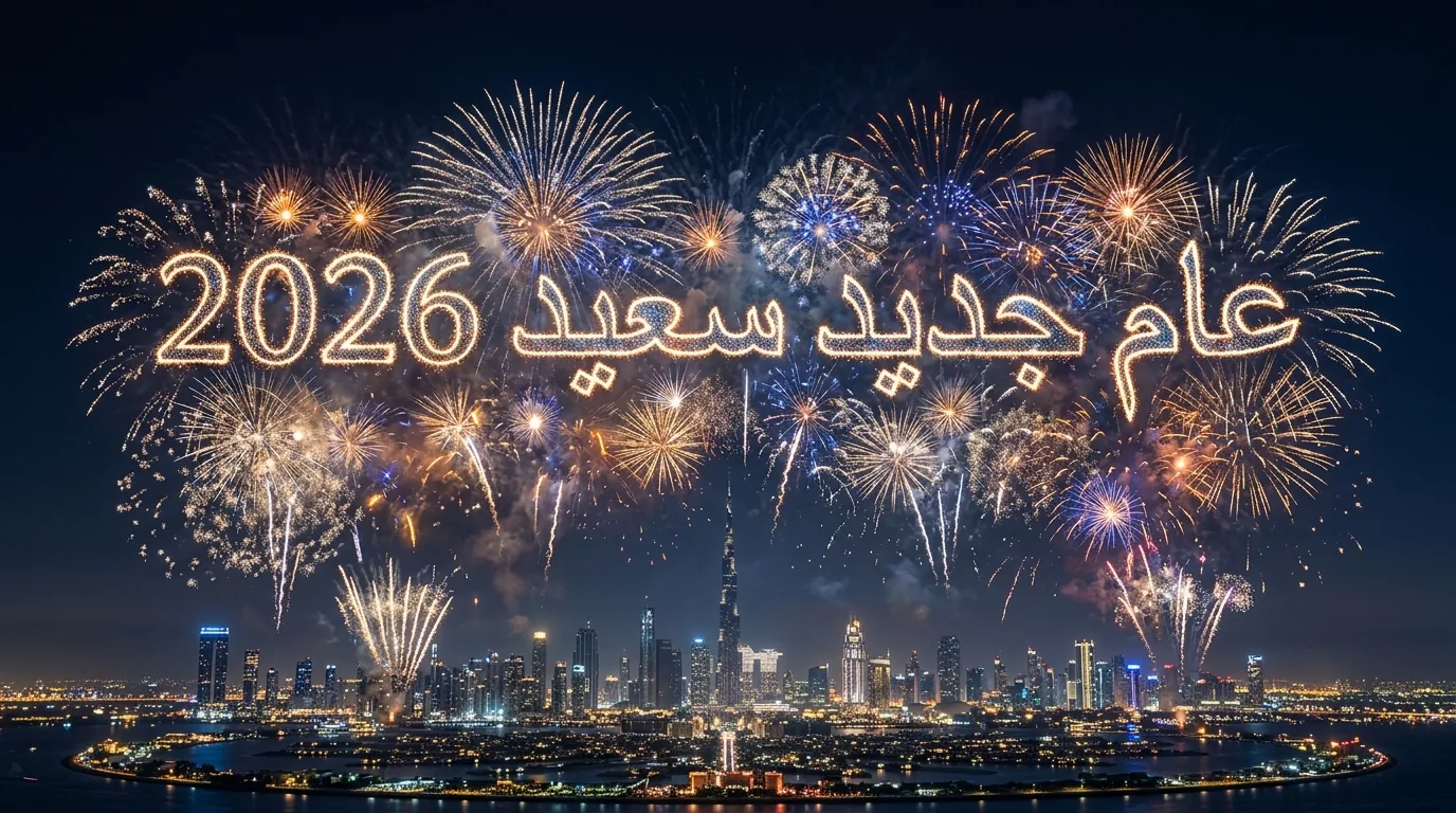 عرض ألعاب نارية احترافي فائق الواقعية بدبي لعام 2026، مع تأثير كتابة للألعاب النارية في السماء