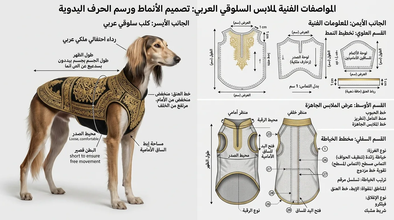 المواصفات الفنية لملابس السلوقي العربي: تصميم الأنماط ورسم الحرف اليدوية