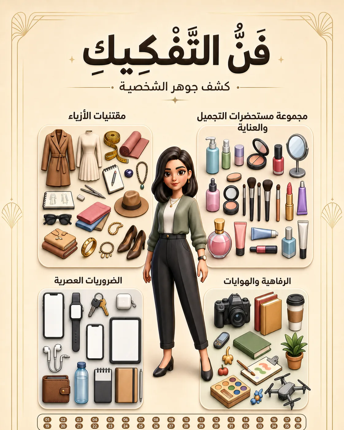 ملصق فني تحليلي لشخصية ثلاثية الأبعاد أصلية: عرض سينمائي منظم للمقتنيات الشخصية بتقنية الترتيب المسطح المنظم