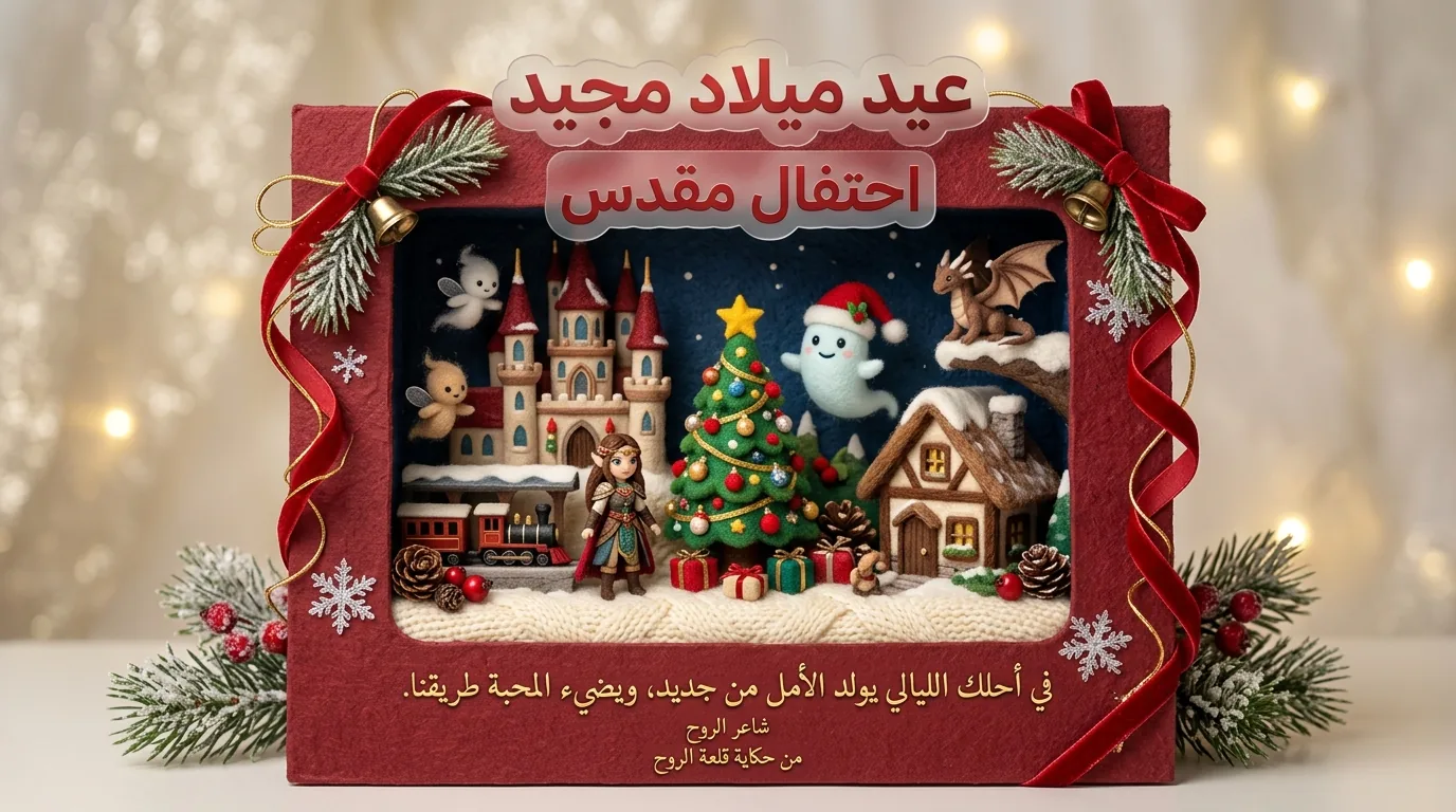 بطاقة عيد ميلاد بنمط منمنمات الصوف اللبادي: مشهد قلعة الروح وعنوان 3D بلوري