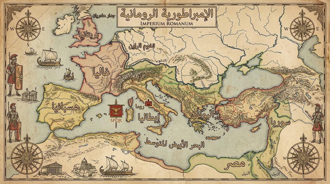 تصميم خريطة تاريخية: الإمبراطورية الرومانية مع تسميات واضحة